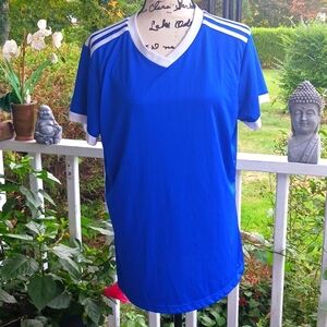 ADIDAS 3 Stripe White & Blue Climalite Short Sleeve Shirt